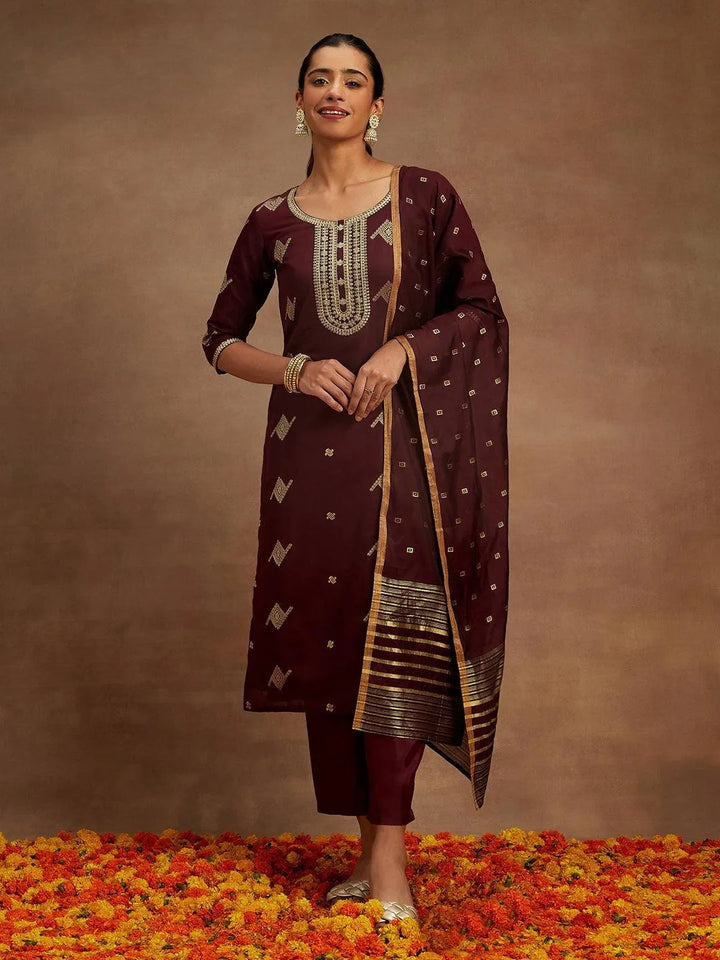 Wine Woven Design Chanderi Silk Straight Kurta With Trousers & Dupatta - Libas