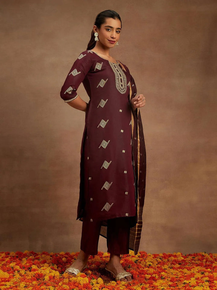 Wine Woven Design Chanderi Silk Straight Kurta With Trousers & Dupatta - Libas