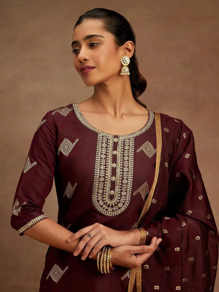 Wine Woven Design Chanderi Silk Straight Kurta With Trousers & Dupatta - Libas