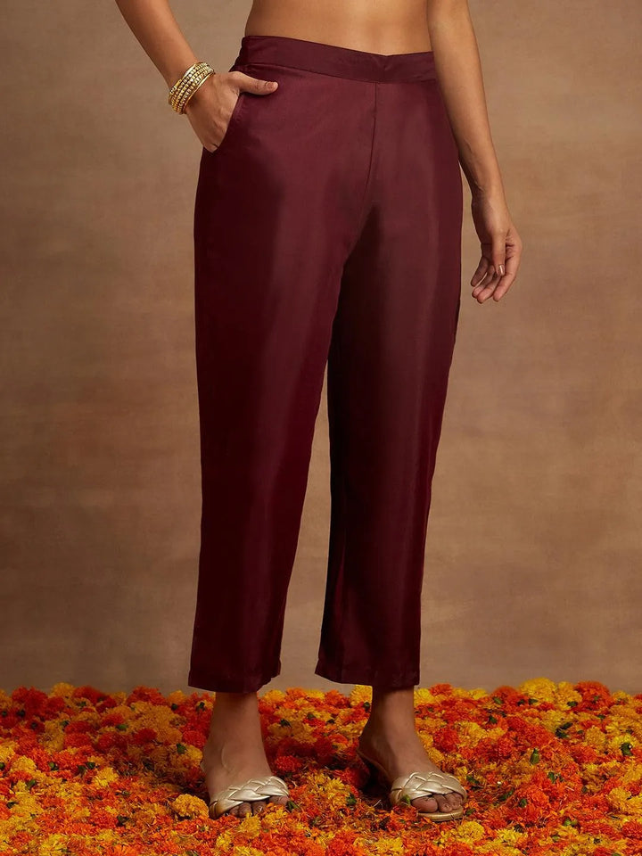 Wine Woven Design Chanderi Silk Straight Kurta With Trousers & Dupatta - Libas