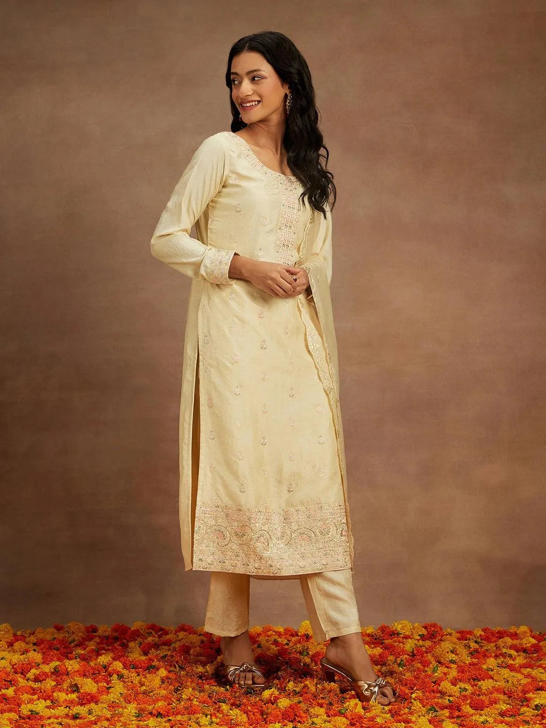 Yellow Embroidered Silk Straight Kurta With Trousers & Dupatta - Libas