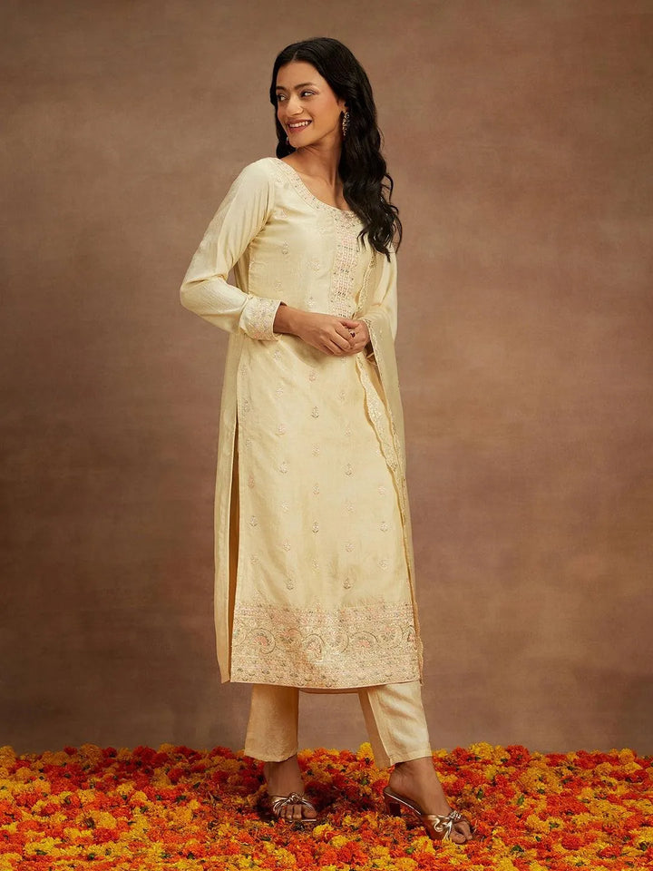 Yellow Embroidered Silk Straight Kurta With Trousers & Dupatta - Libas