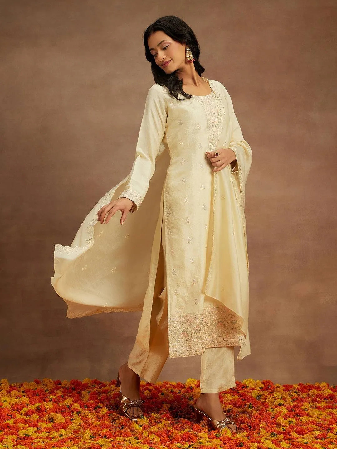 Yellow Embroidered Silk Straight Kurta With Trousers & Dupatta - Libas