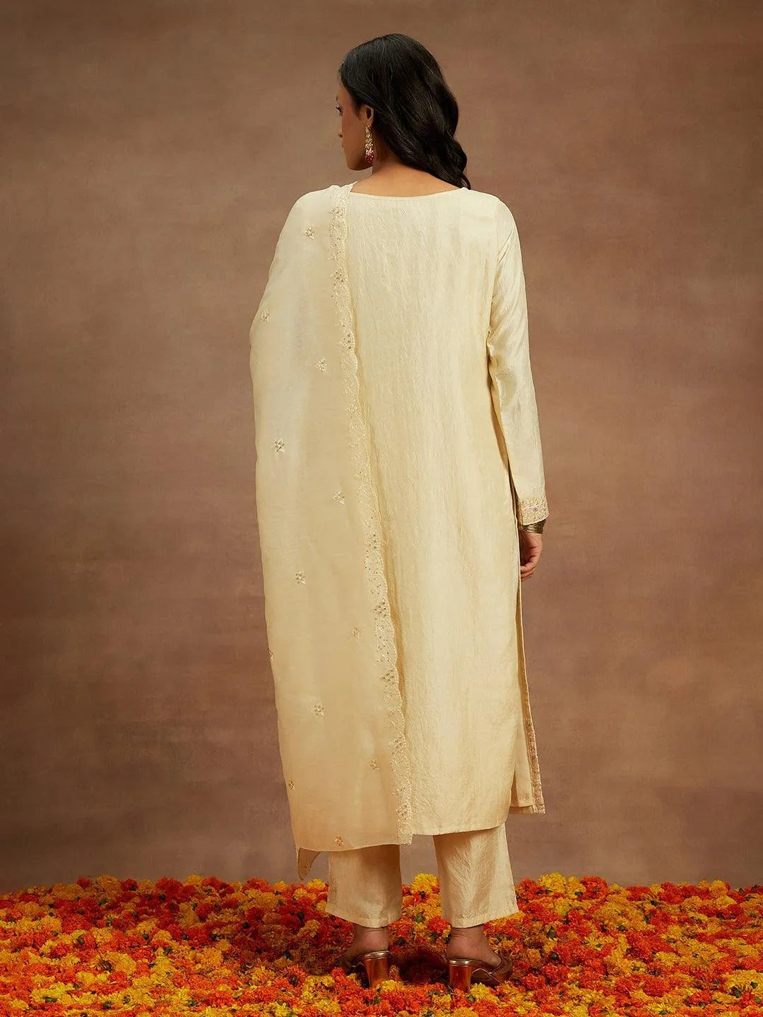 Yellow Embroidered Silk Straight Kurta With Trousers & Dupatta - Libas