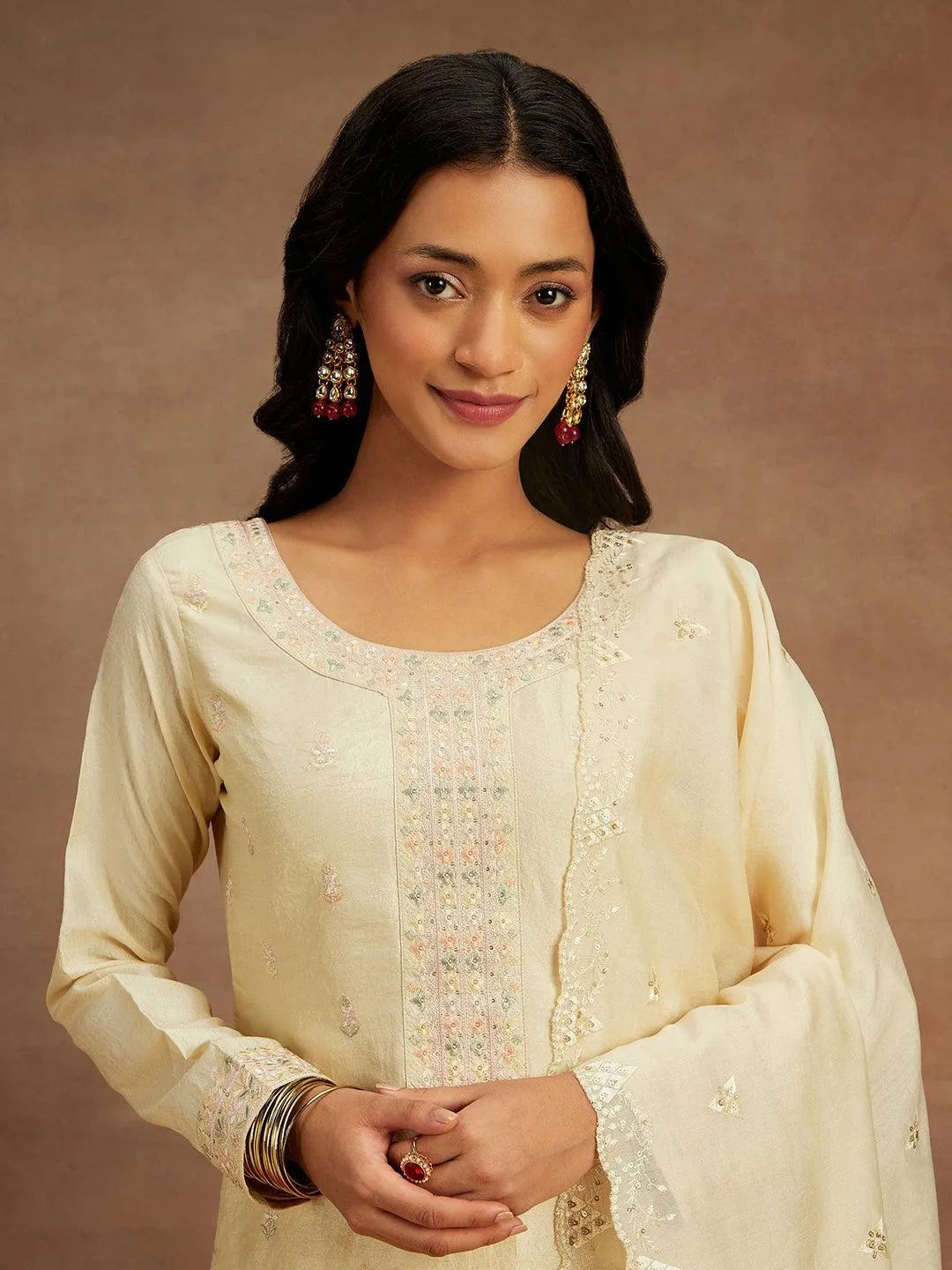 Yellow Embroidered Silk Straight Kurta With Trousers & Dupatta - Libas