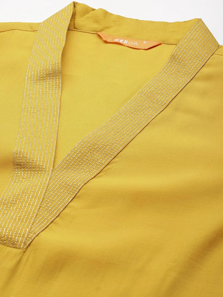 Yellow Solid Silk Blend Straight Kurta With Trousers & Dupatta - Libas