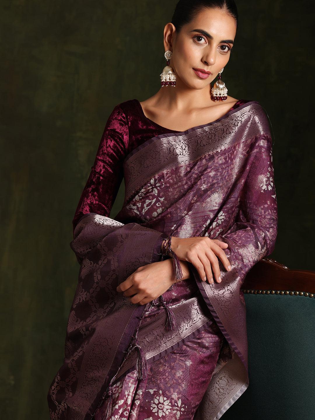 Wine Woven Design Brocade Saree With Unstitched Blouse Piece