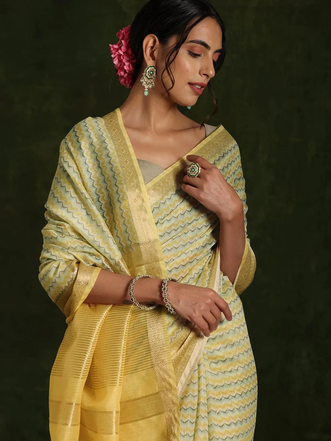 Yellow Printed Silk Blend Saree With Unstitched Blouse Piece - Libas 