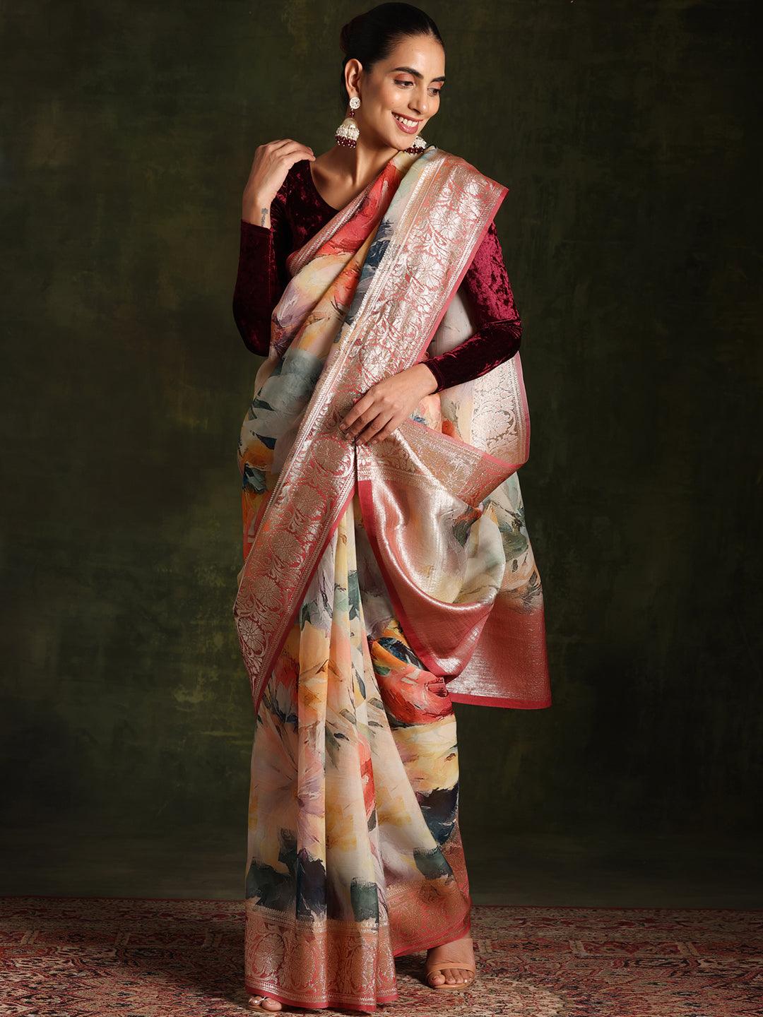 Pink Printed Organza Saree With Unstitched Blouse Piece