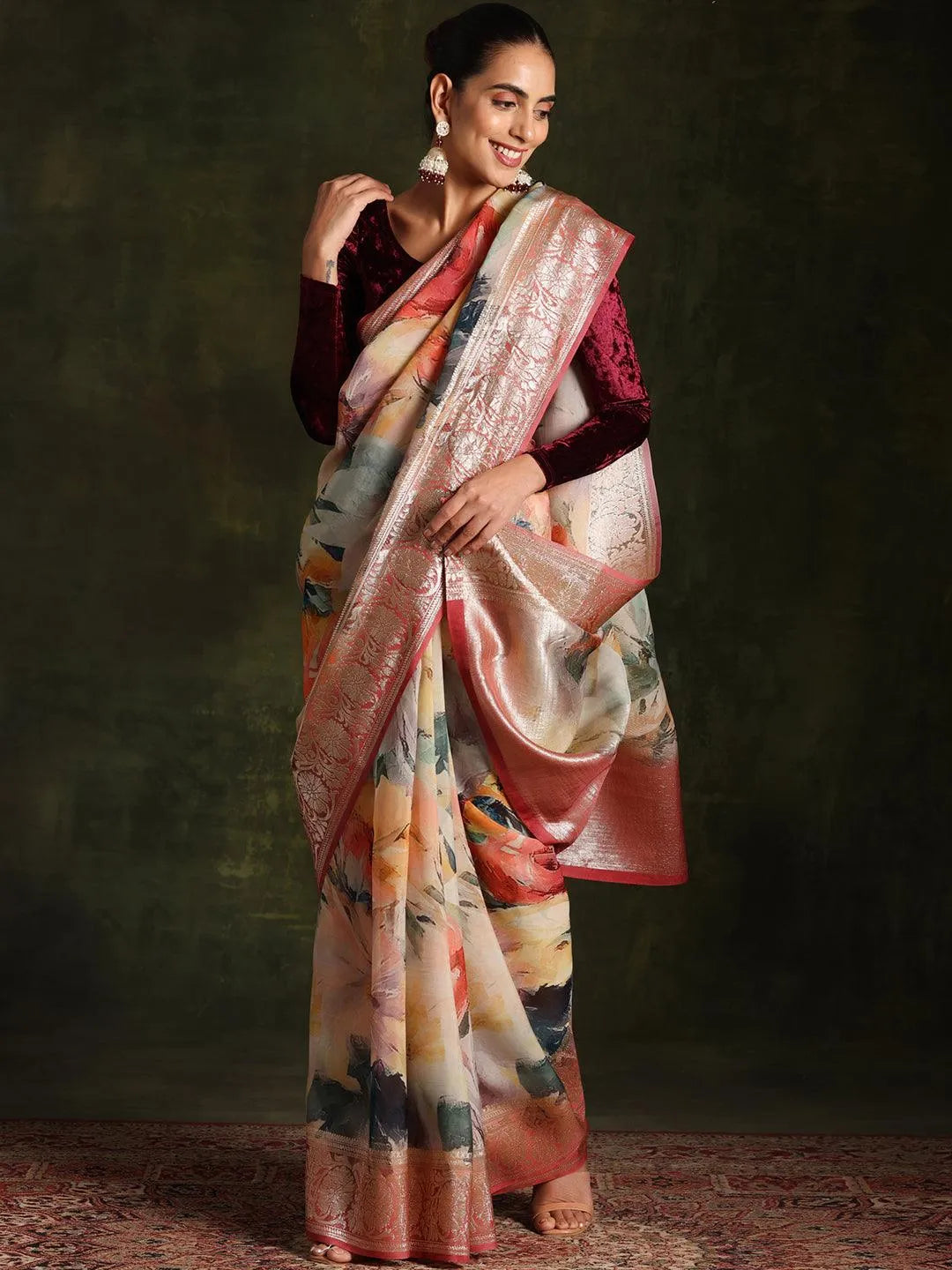 Pink Printed Organza Saree With Unstitched Blouse Piece - Libas 