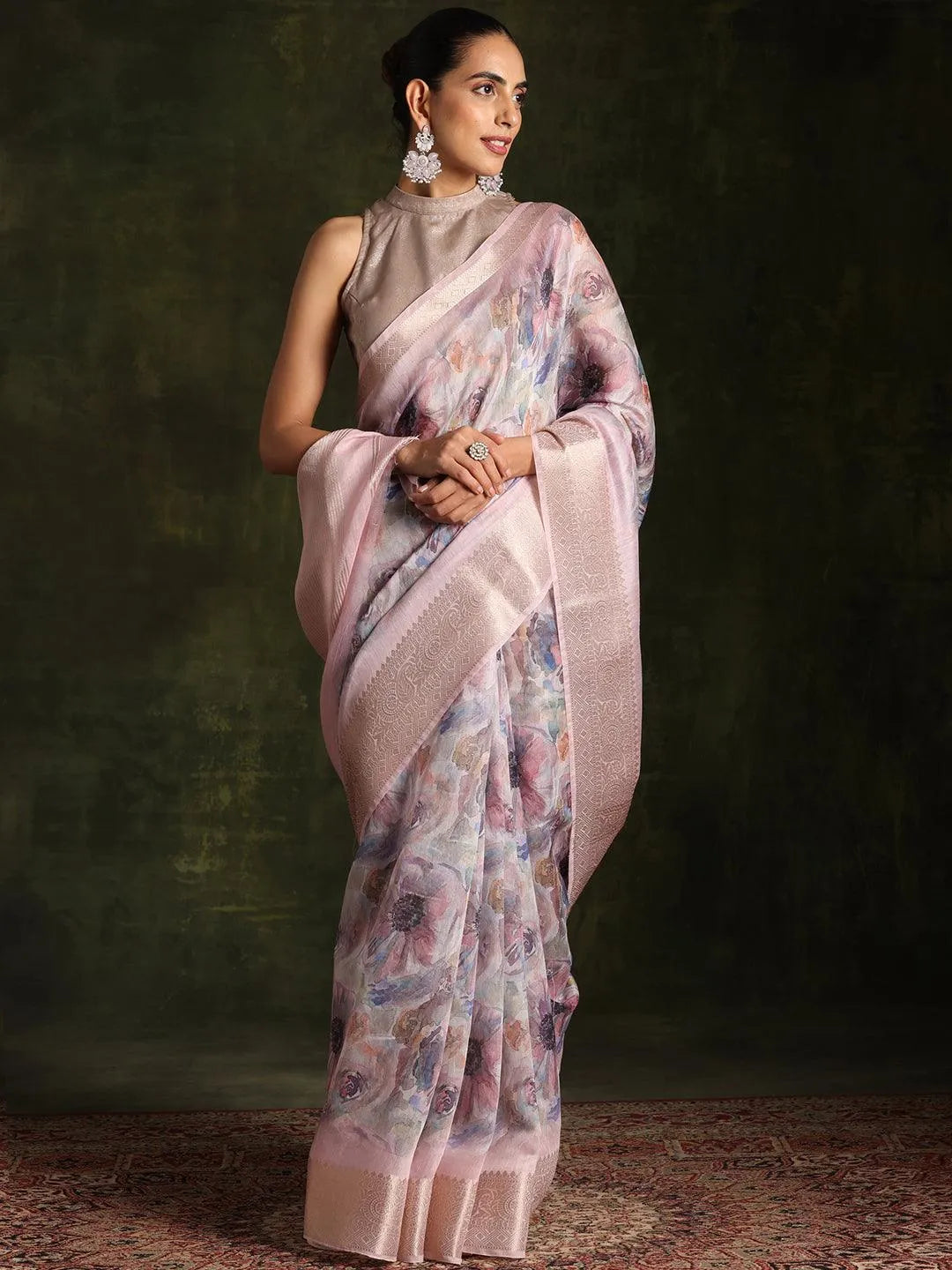 Multicoloured Printed Silk Blend Saree With Unstitched Blouse Piece - Libas