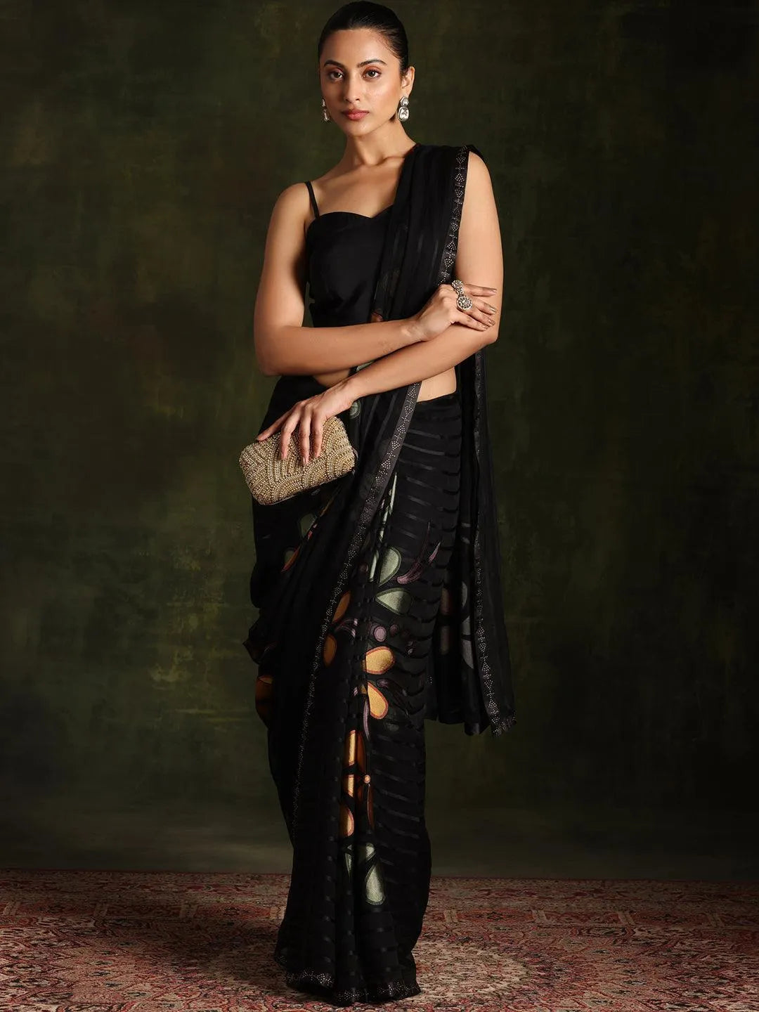 Black Woven Design Brasso Saree With Unstitched Blouse Piece - Libas