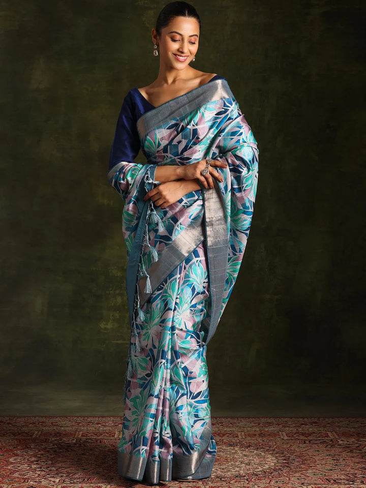 Blue Printed Silk Blend Saree With Unstitched Blouse Piece - Libas