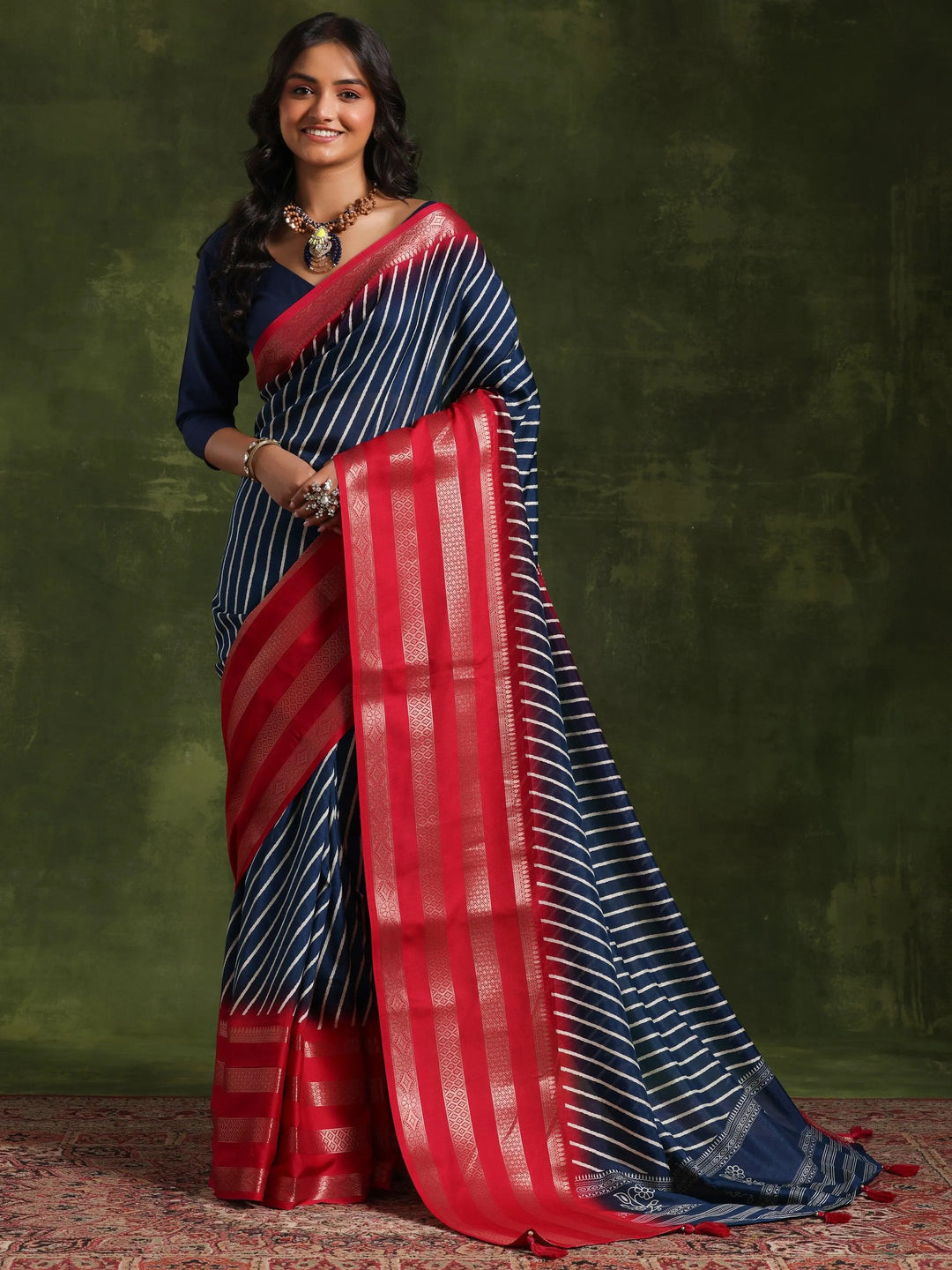 Blue Printed Silk Blend Saree With Unstitched Blouse Piece - Libas 