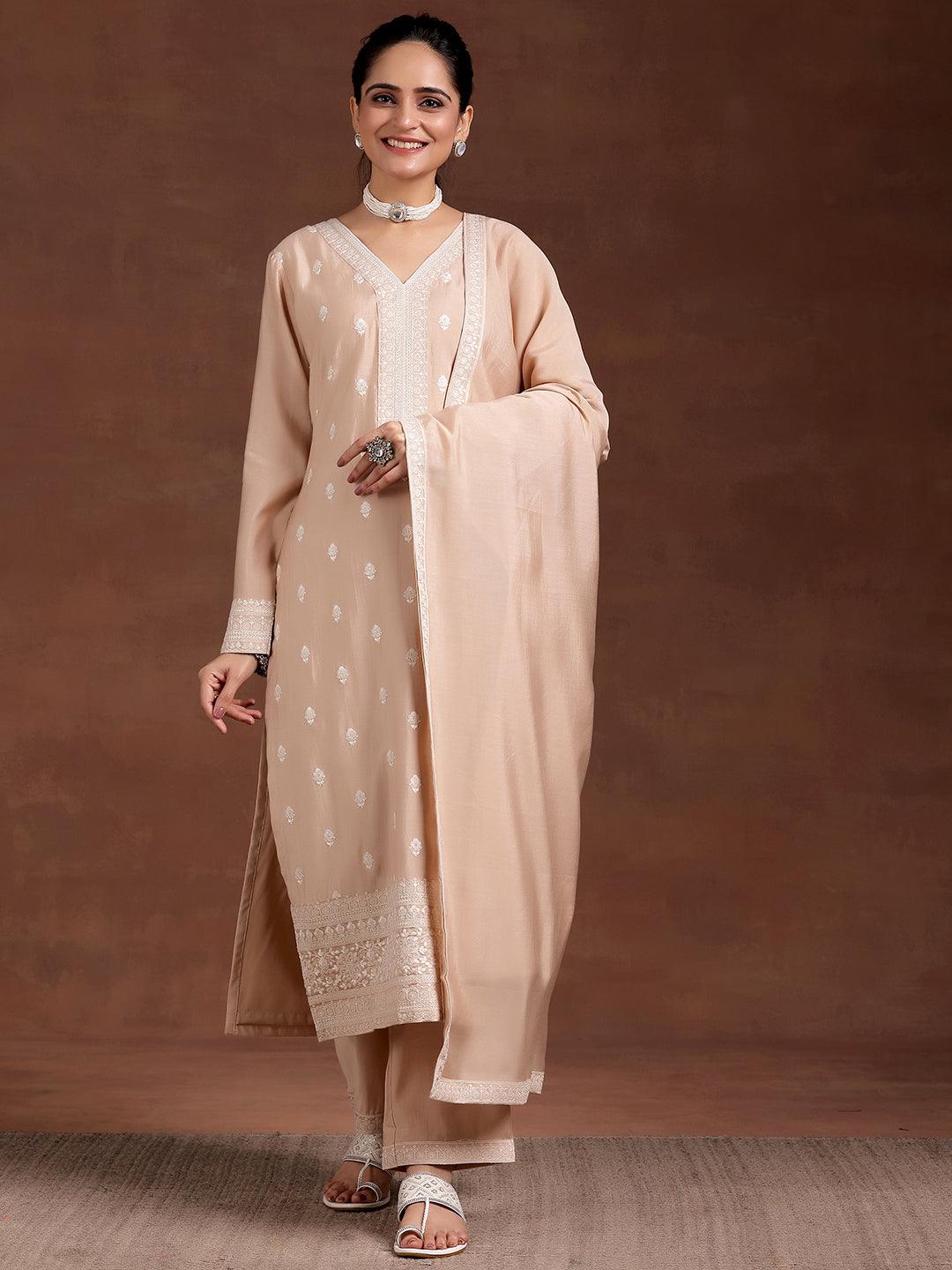 Beige Embroidered Silk Blend Straight Suit With Dupatta