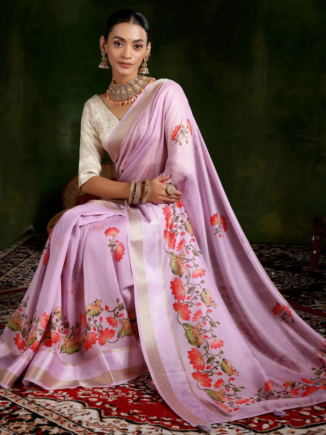  Lavender Printed Silk Blend Saree With Unstitched Blouse Piece 