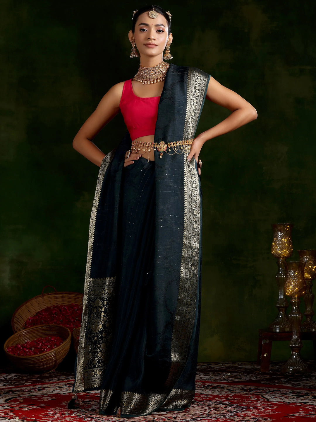 Teal Woven Design Silk Blend Saree With Unstitched Blouse Piece