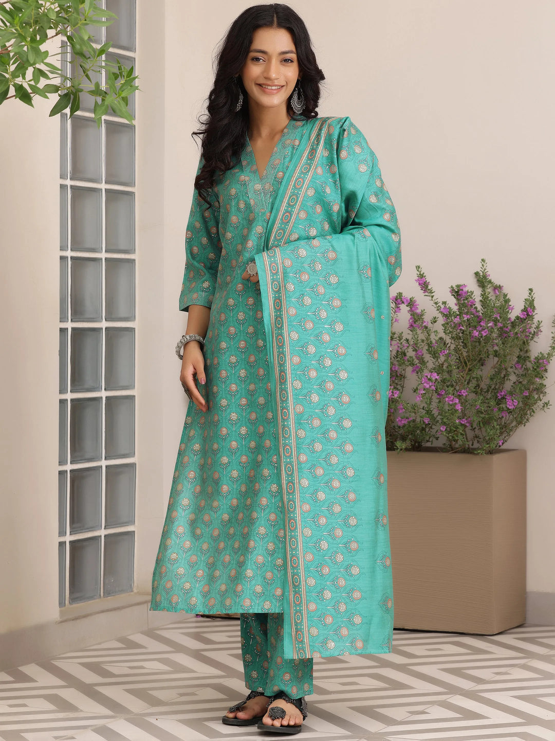  Blue Printed Silk Blend Straight Suit With Dupatta 