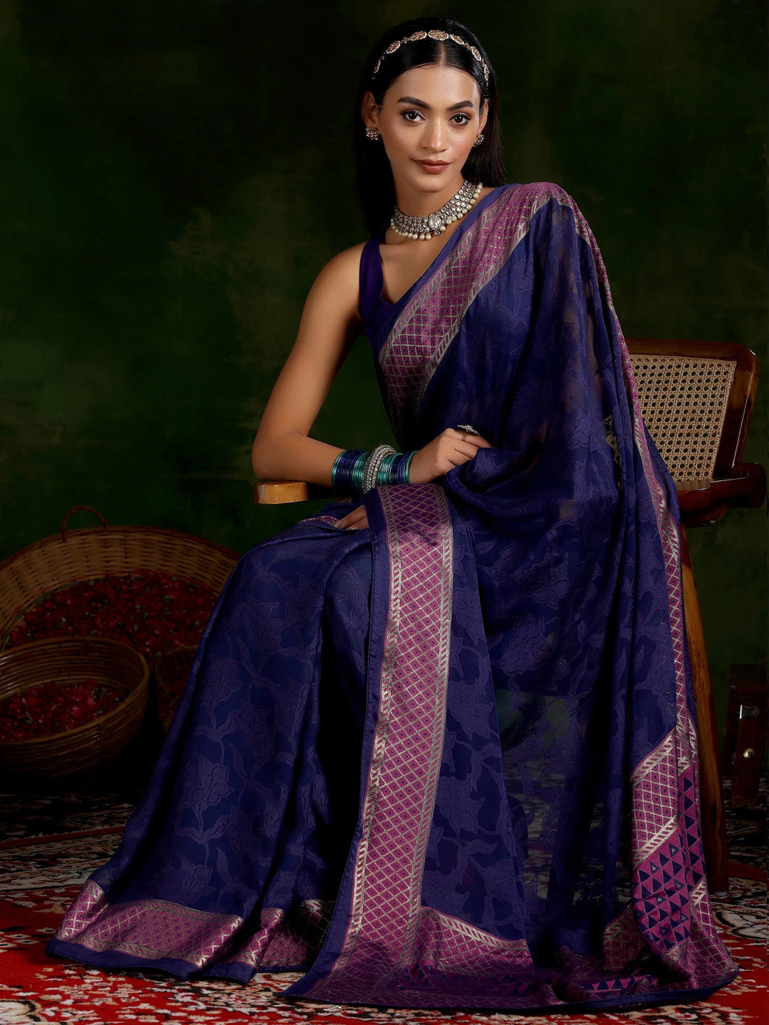  Blue Printed Silk Blend Saree With Unstitched Blouse Piece 