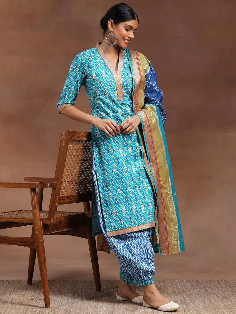 Libas Blue Printed Cotton Straight Suit With Dupatta
