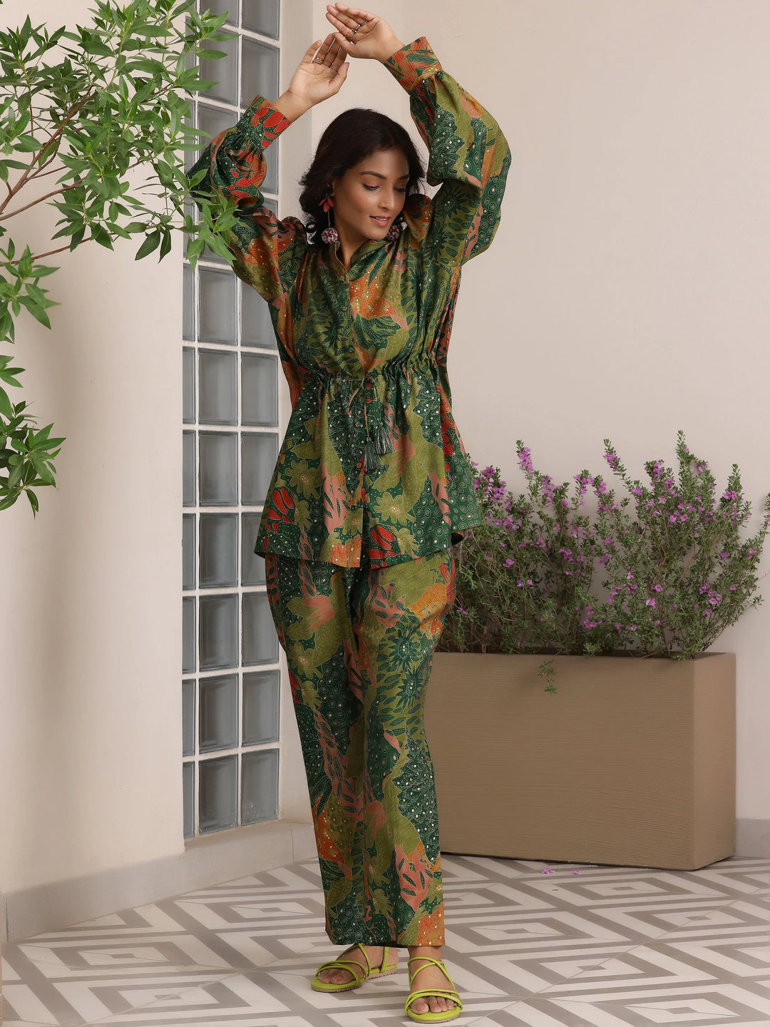  Green Printed Silk Blend Co-Ords 