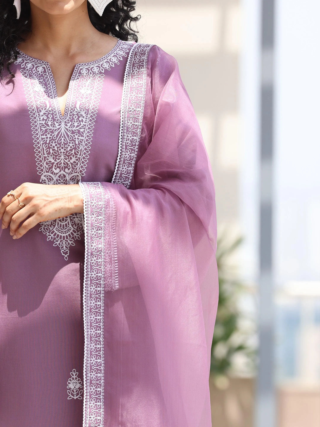 Mauve Embroidered Silk Blend Straight Suit With Dupatta - Libas 