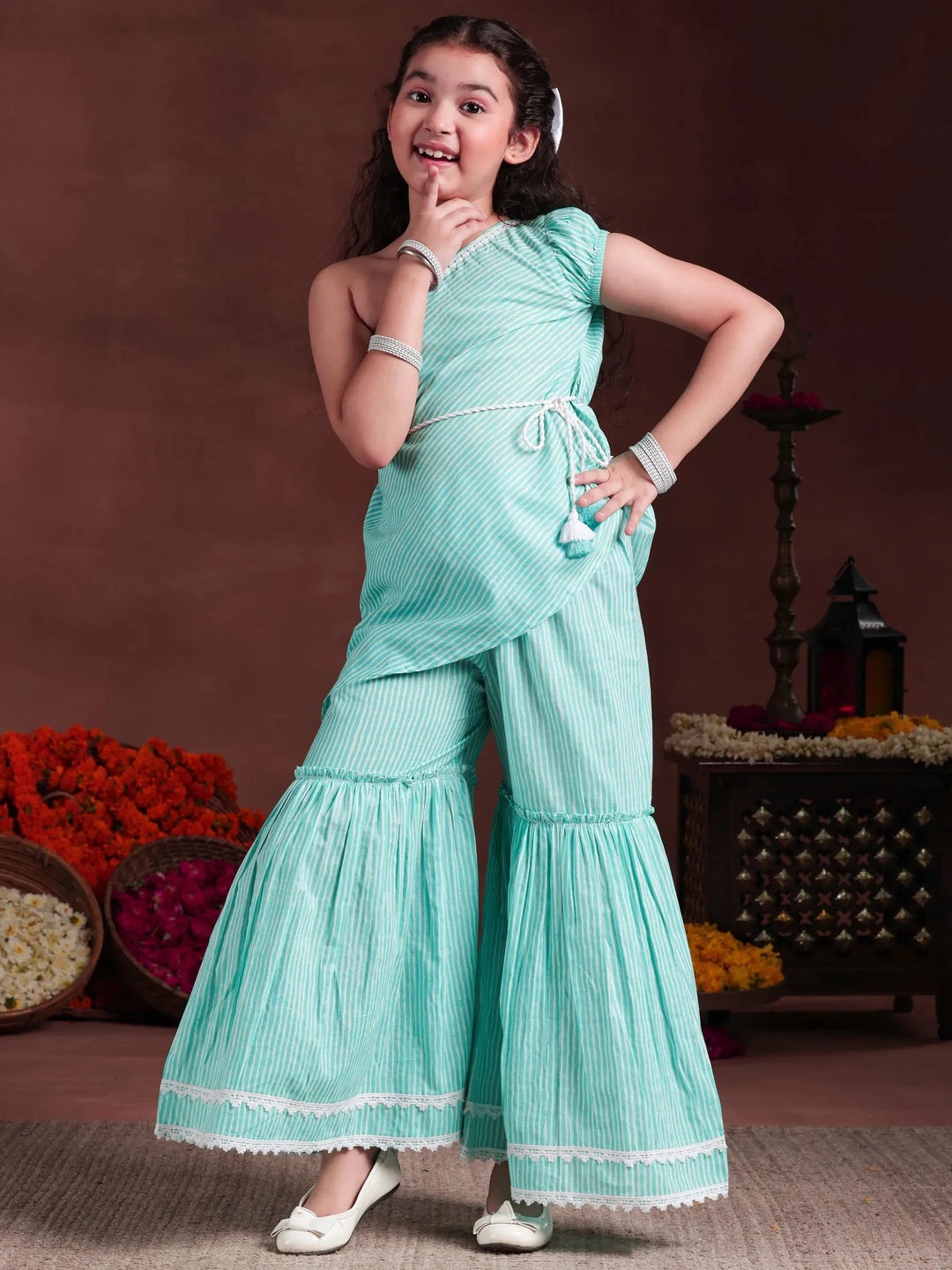  Kids Blue Striped Cotton A-Line Top With Sharara 