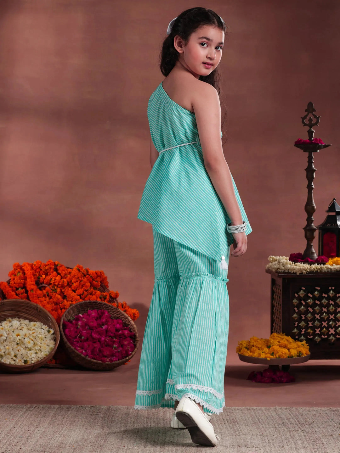  Kids Blue Striped Cotton A-Line Top With Sharara 