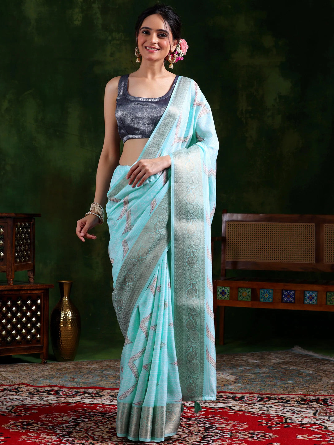 Blue Printed Silk Blend Saree With Unstitched Blouse Piece - Libas 