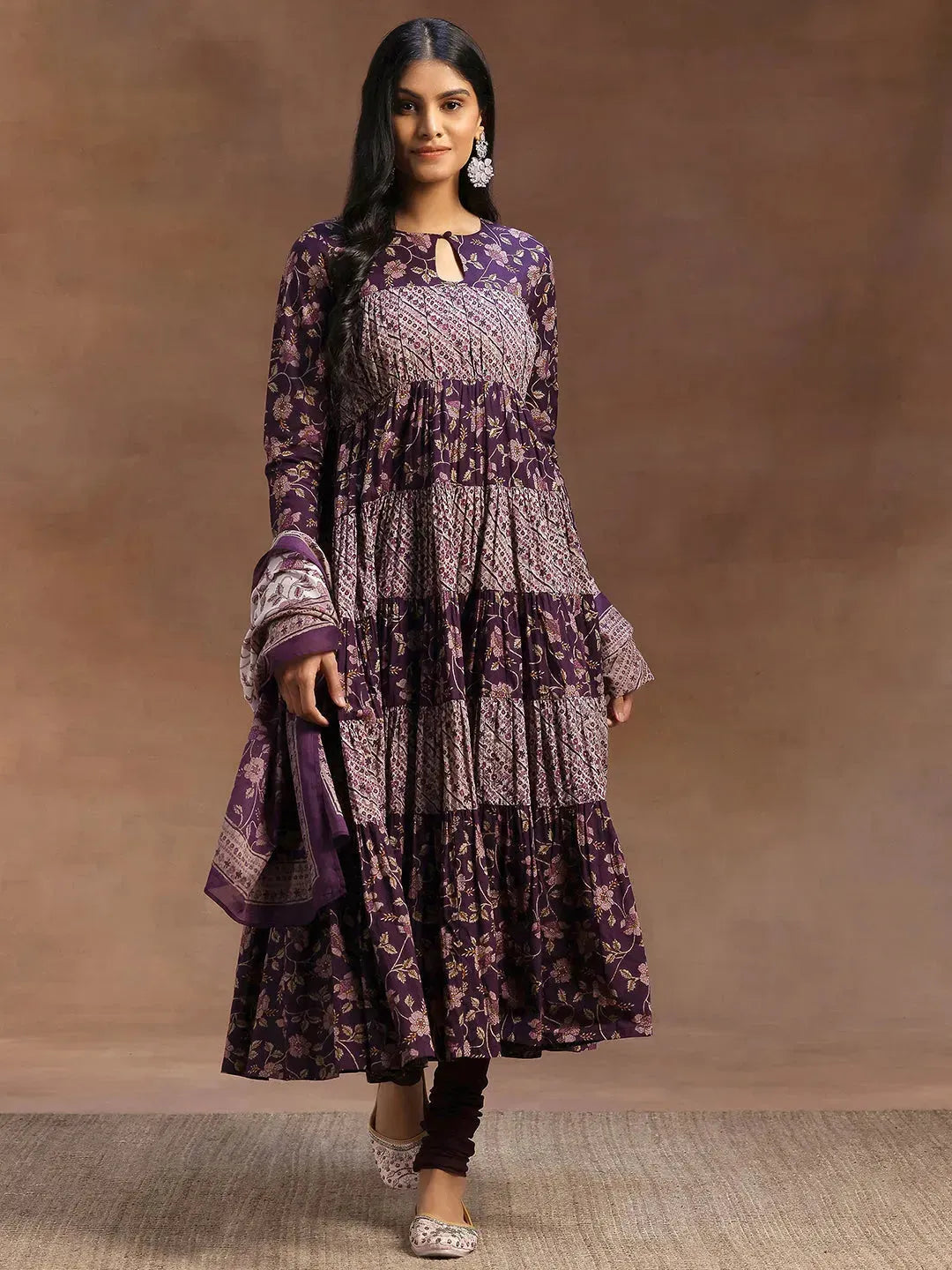  Purple Printed Cotton A-Line Kurta With Churidar & Dupatta 
