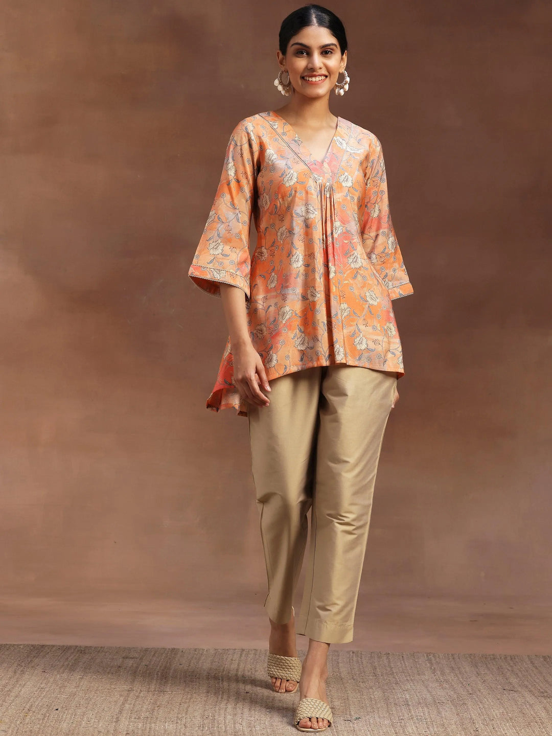  Peach Printed Silk Blend A-Line Kurti 
