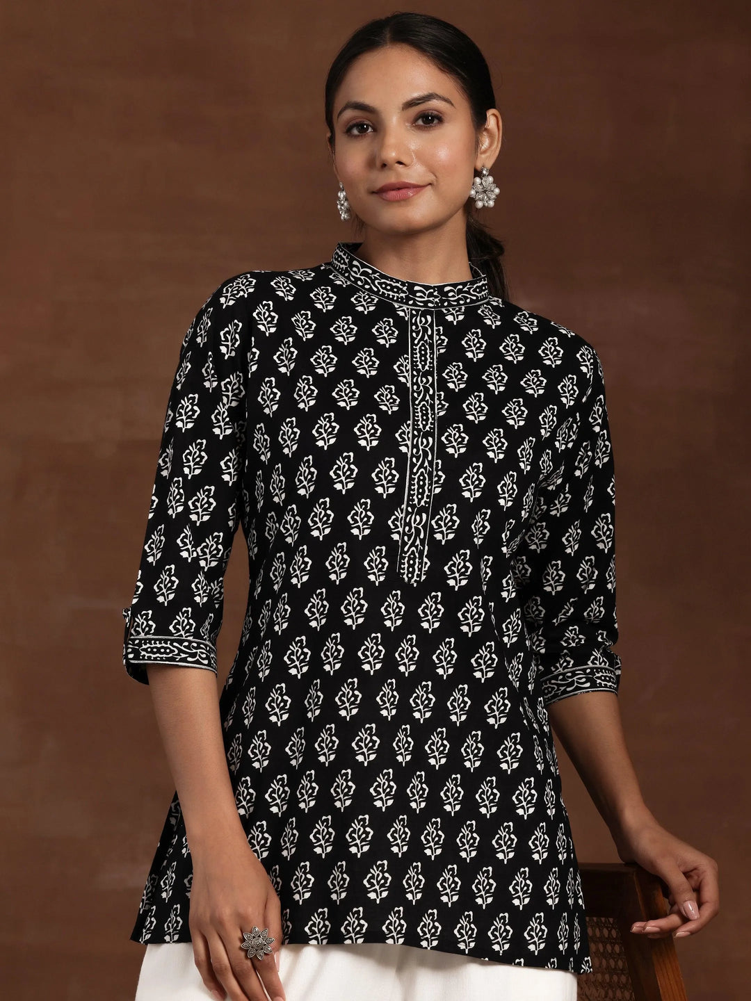 Black Printed Cotton A-Line Kurti - Libas