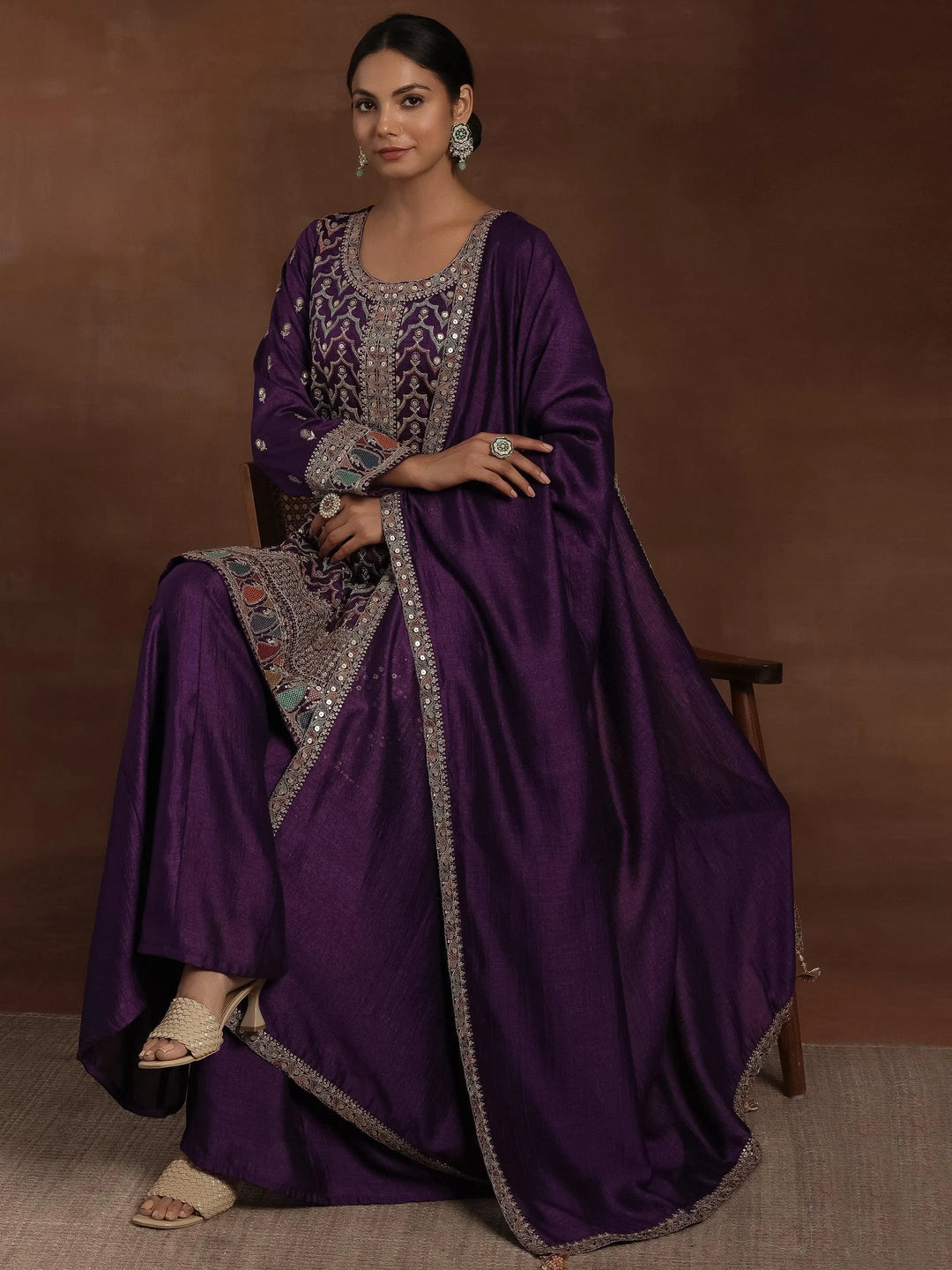 Purple Embroidered Silk Blend Straight Kurta With Palazzos & Dupatta - Libas
