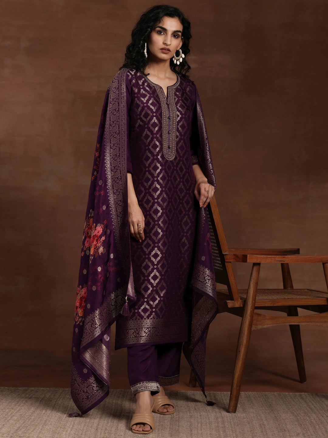 Purple Woven Design Silk Blend Straight Suit With Dupatta - Libas