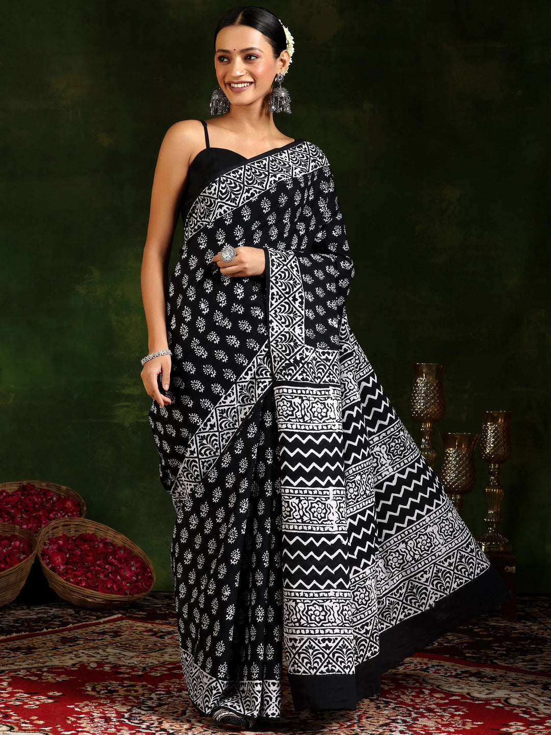  Black Printed Cotton Saree With Unstitched Blouse Piece 