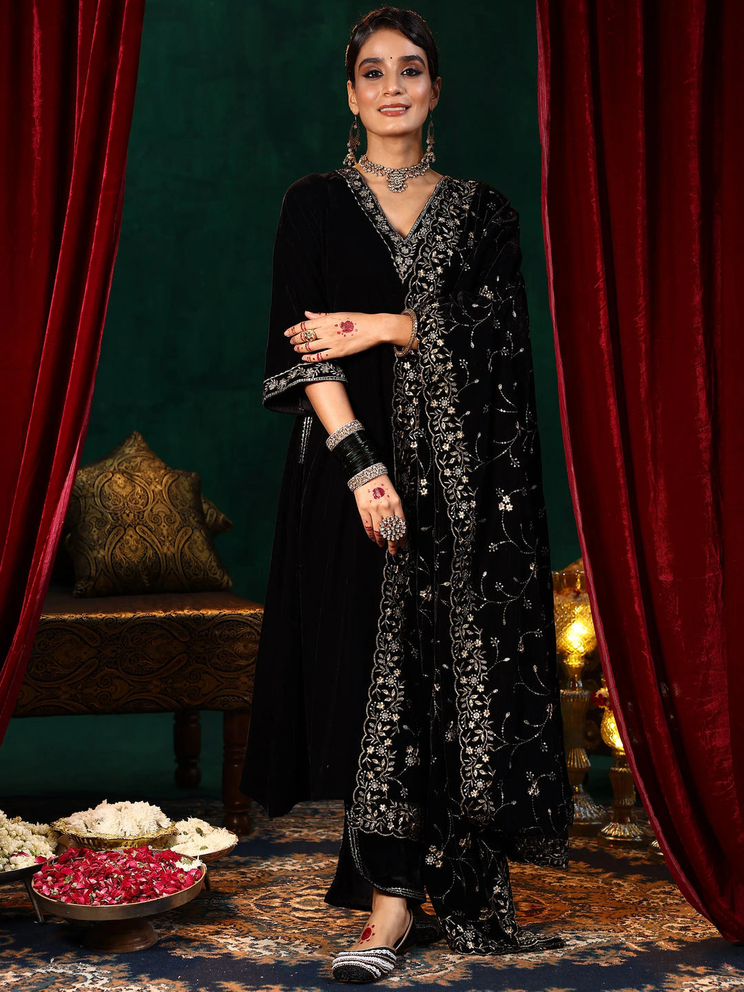  Black Yoke Design Velvet A-Line Kurta With Trousers & Dupatta 