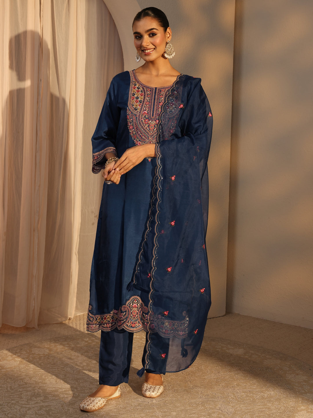  Blue Ethnic Embroidered Silk Blend Straight Suits Set With Dupatta 