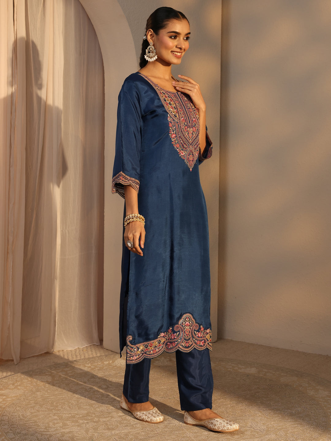  Blue Ethnic Embroidered Silk Blend Straight Suits Set With Dupatta 