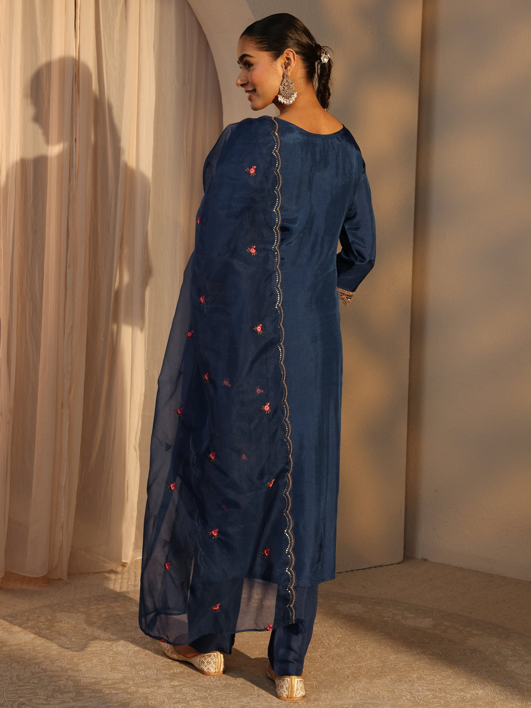  Blue Ethnic Embroidered Silk Blend Straight Suits Set With Dupatta 