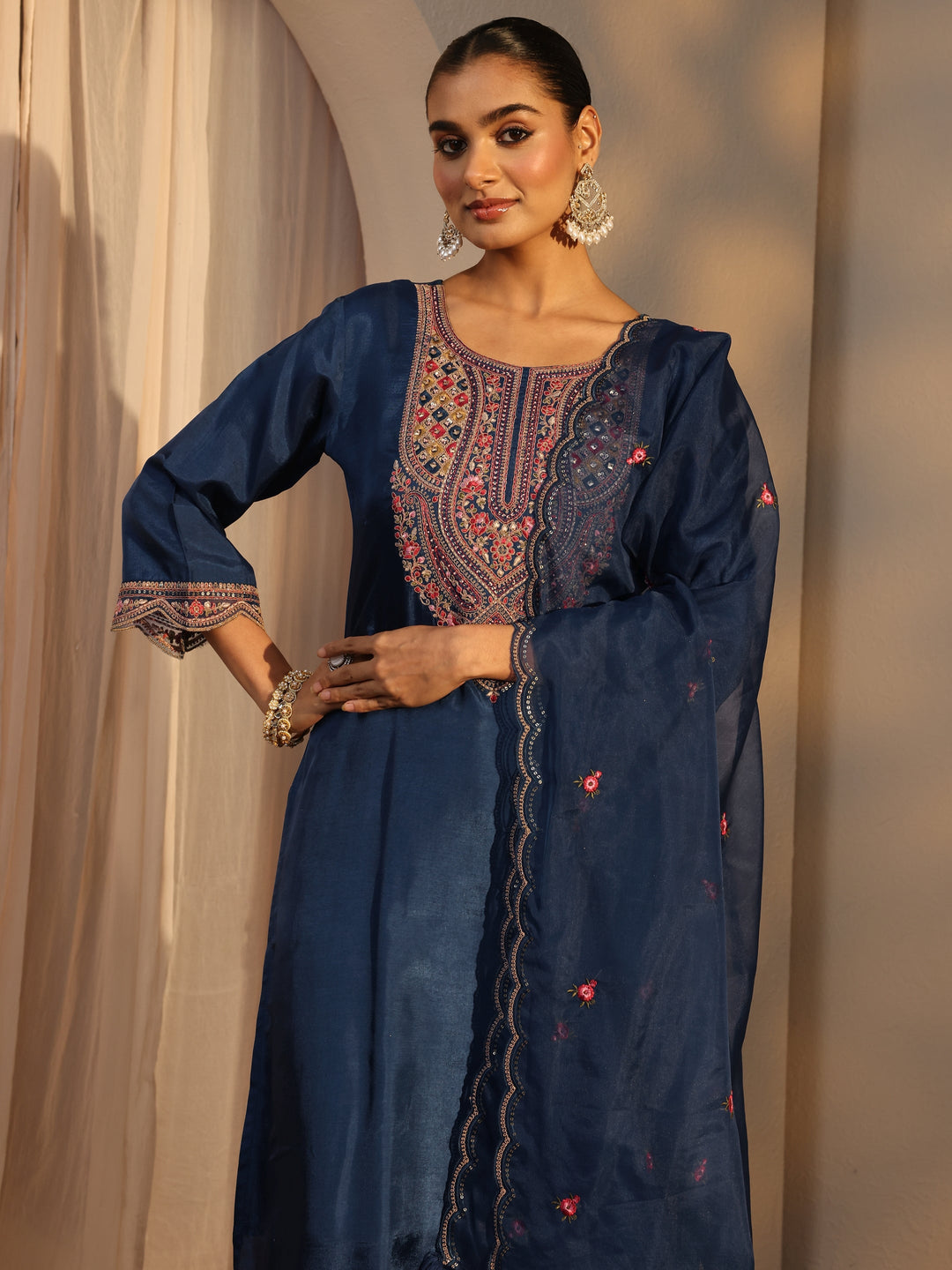  Blue Ethnic Embroidered Silk Blend Straight Suits Set With Dupatta 