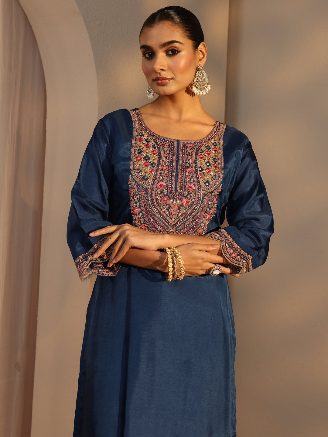  Blue Ethnic Embroidered Silk Blend Straight Suits Set With Dupatta 
