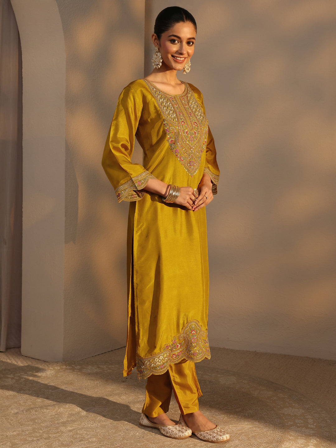  Mustard Ethnic Embroidered Silk Blend Straight Suits Set With Dupatta 