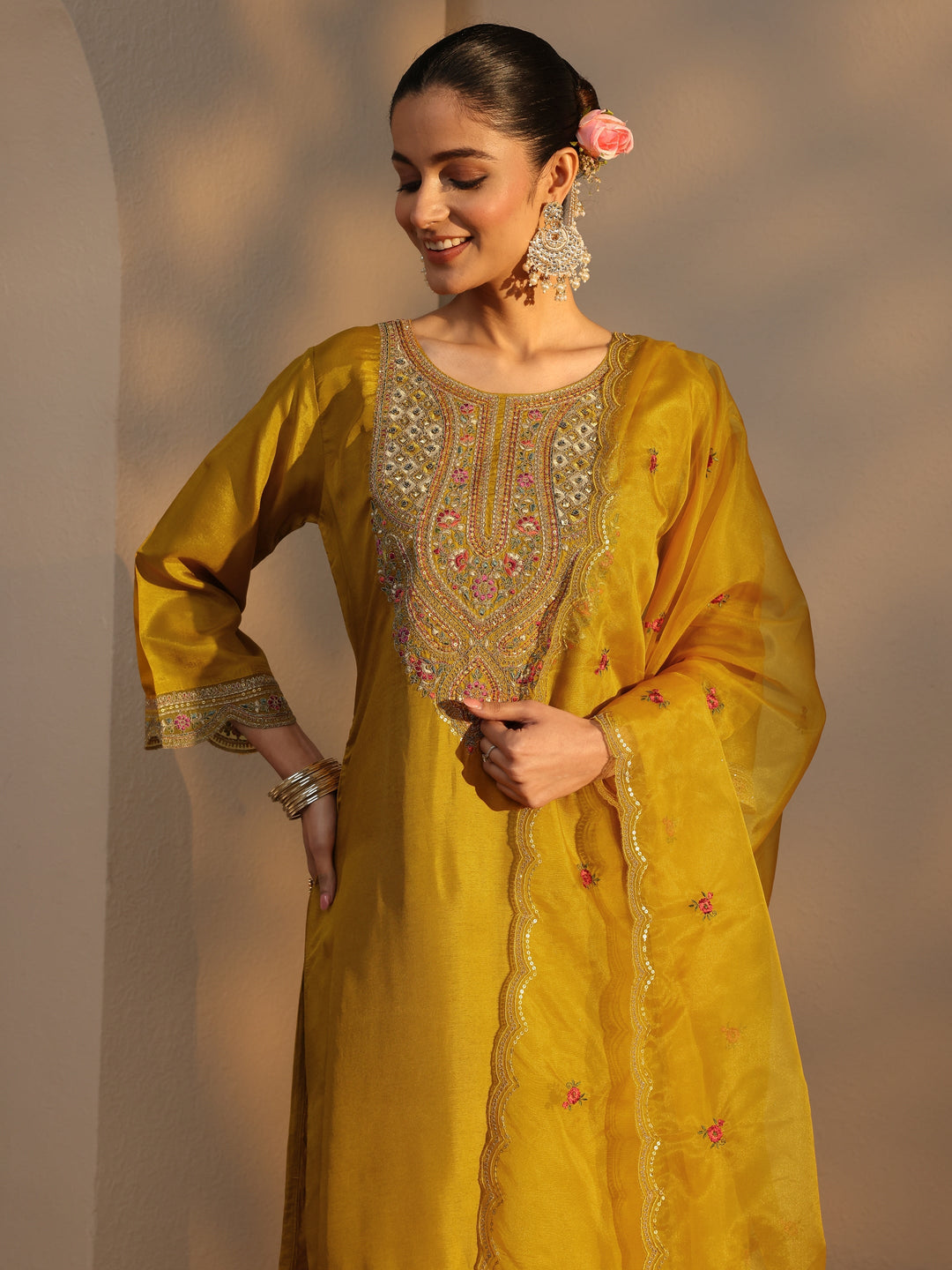  Mustard Ethnic Embroidered Silk Blend Straight Suits Set With Dupatta 