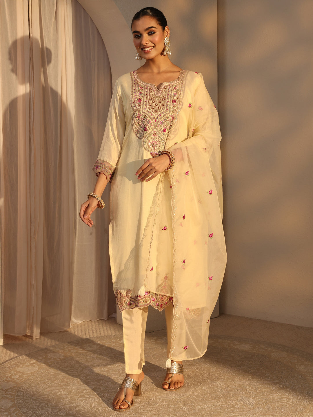  Cream Ethnic Embroidered Silk Blend Straight Suits Set With Dupatta 