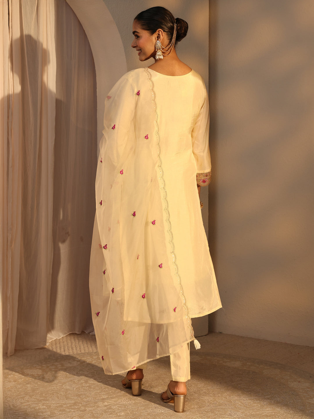  Cream Ethnic Embroidered Silk Blend Straight Suits Set With Dupatta 
