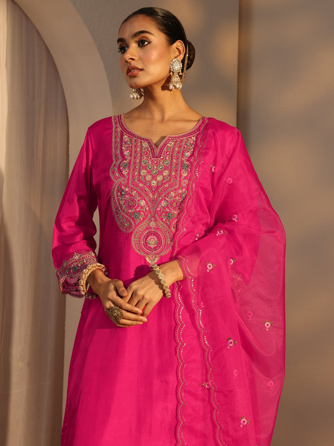  Pink Ethnic Embroidered Silk Blend Straight Suits Set With Dupatta 