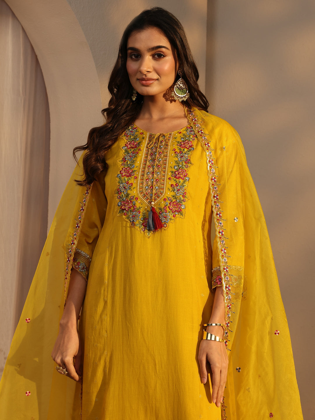  Mustard Woven Design Chanderi Cotton Straight Suits Set With Dupatta 