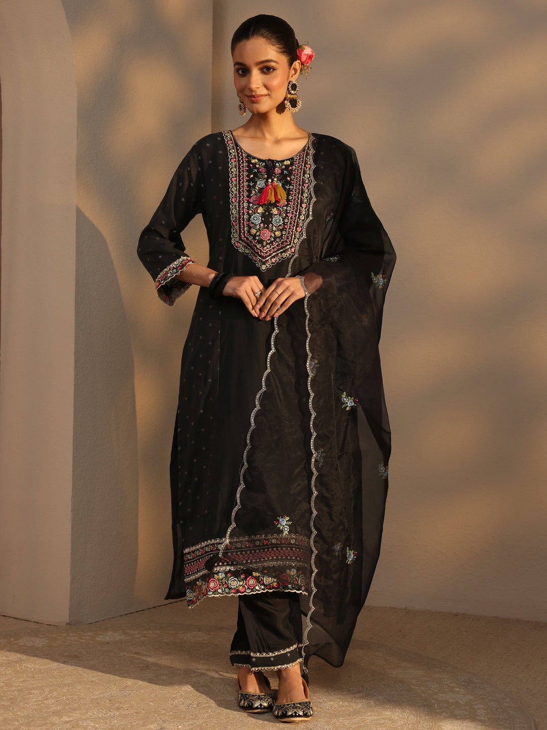  Black Woven Design Chanderi Cotton Straight Suits Set With Dupatta 