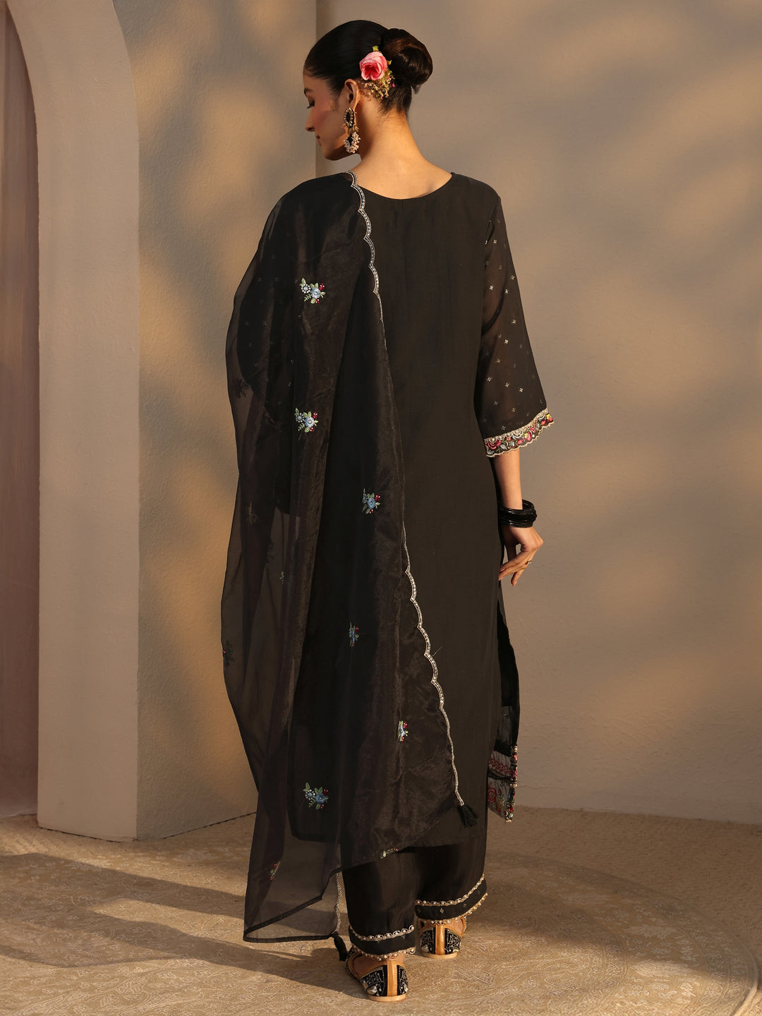  Black Woven Design Chanderi Cotton Straight Suits Set With Dupatta 