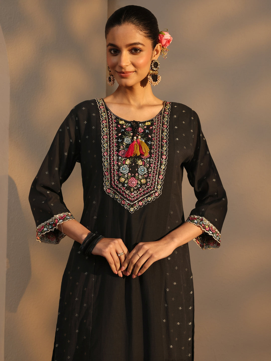  Black Woven Design Chanderi Cotton Straight Suits Set With Dupatta 